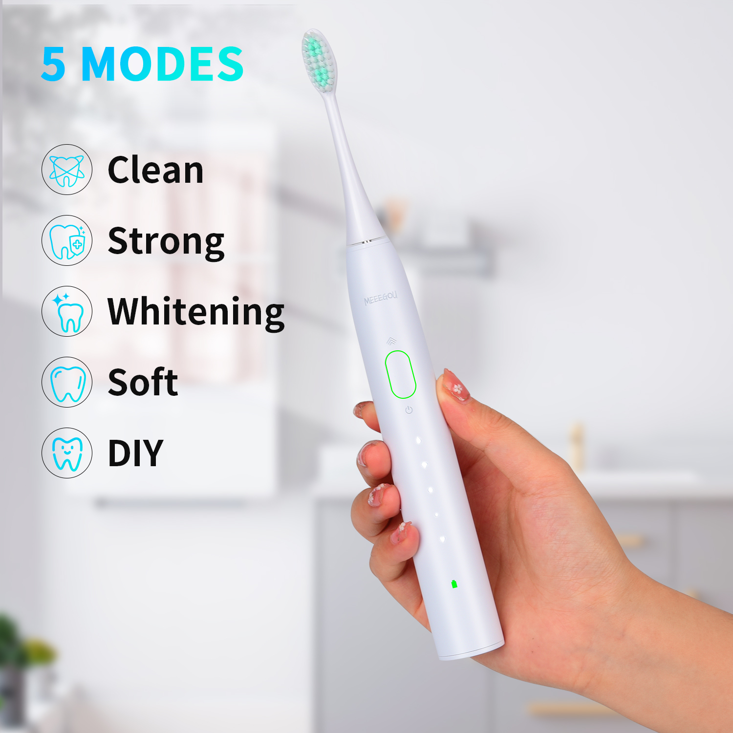 MEEEGOU Sonic Electric Toothbrush with Dupont Brush Heads, Dual Drive Motor, 5 Modes 3 Intensities, One Charge for 180 Days, IPX7 for Adults and Children- White
